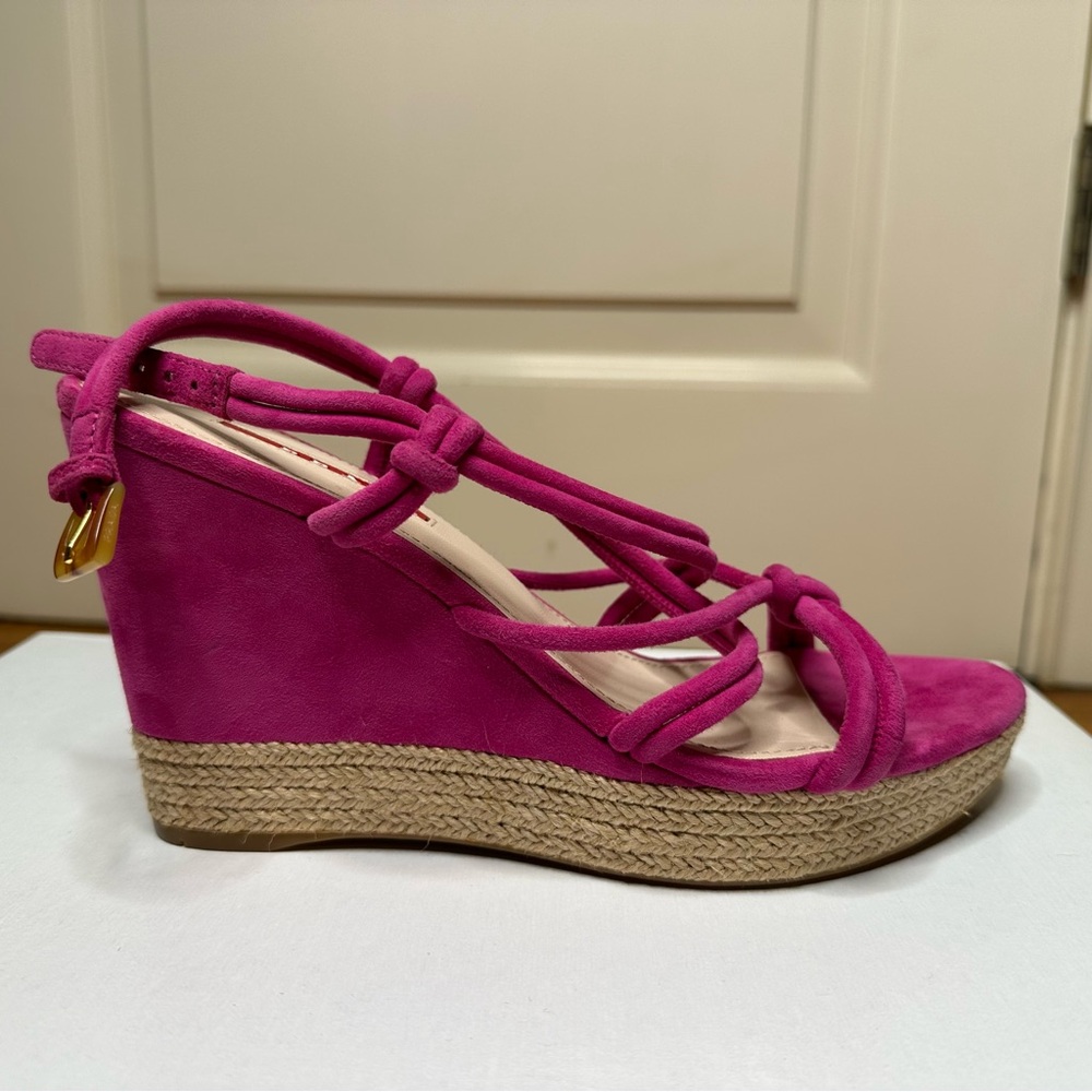 Prada, Fuscia Suede Raffia-Wrapped Espadrille Wedge Sandal, NWOT, Size 7 - Picture 3 of 10